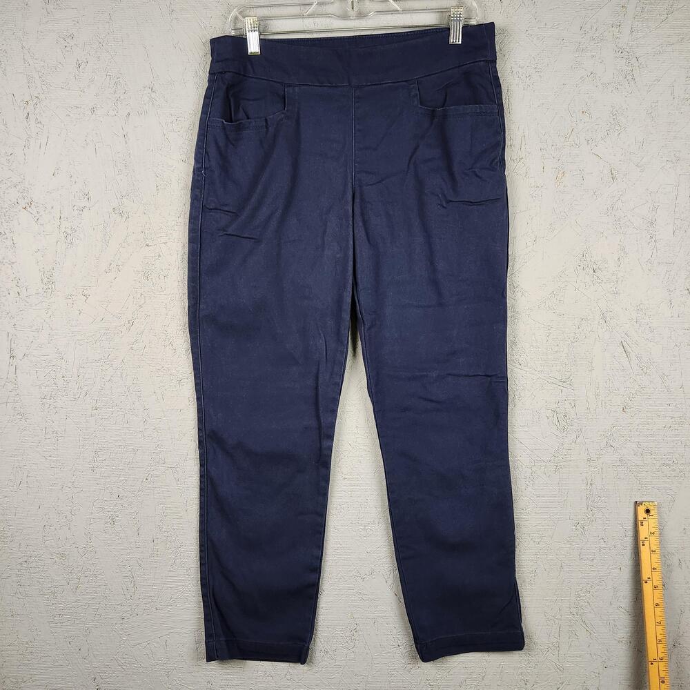 Chaps Pants Womens Medium Navy Blue Pull On Stretch Tapered Ankle Pockets Casual